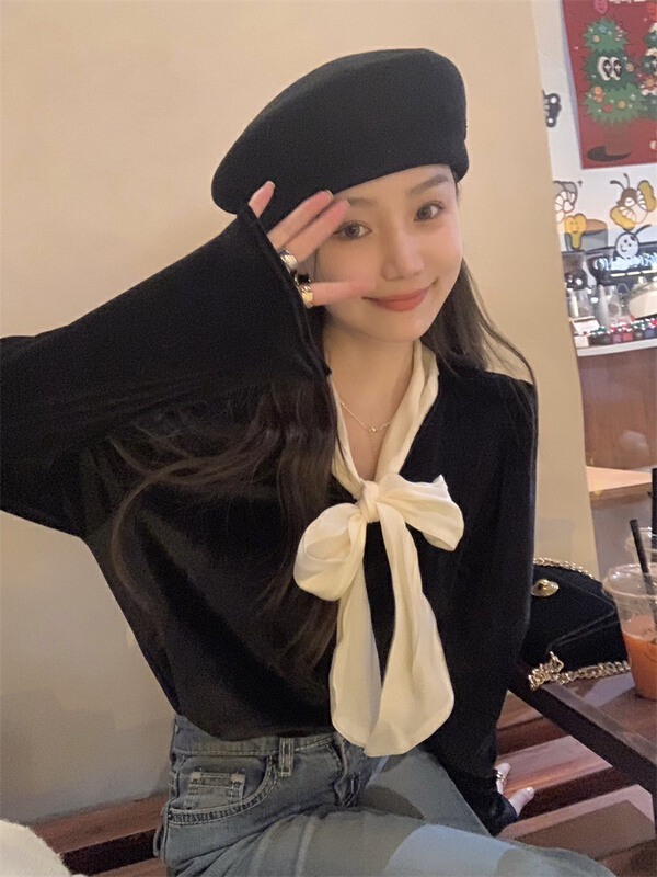 New year in early spring! [timely rain] Han Feng ins slim and slim V-neck bow tie lace up velvet shirt 25769# YYW