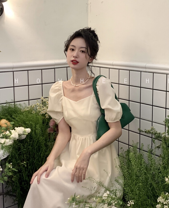 [xiuxixi] French retro square collar careful machine open back waist dress 8103# zxx