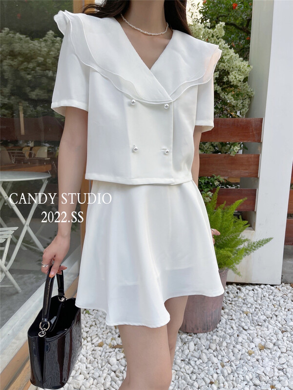 [candy] Korean double-layer ruffled blouse + sweet skirt suit 7516# zjy