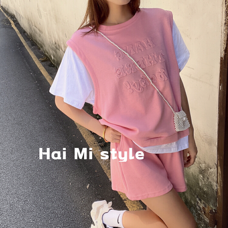 New in early summer! [Haimi] Korean loose three-dimensional letter fake two-piece T-shirt + Elastic Waist Shorts Set 1791# WTT