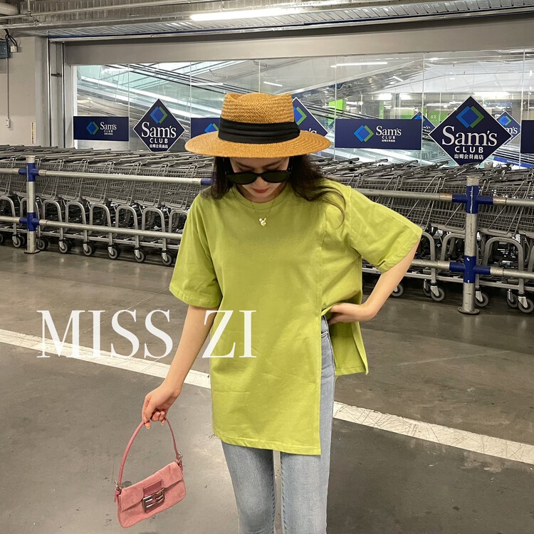 [miss Zi] Korean version solid color loose slit short sleeve T-shirt 2359# cqw