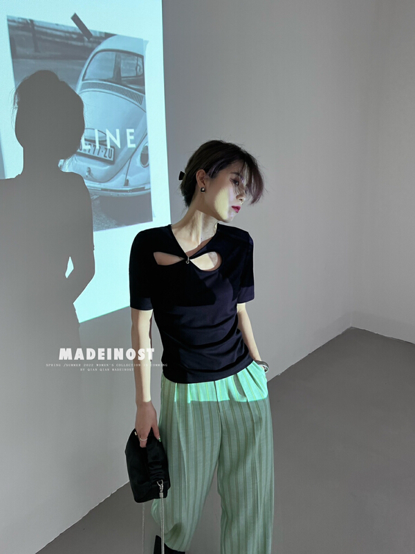New in early summer! [OSHA madeinost] design sense hollow elastic short sleeve T-shirt 86266# ll
