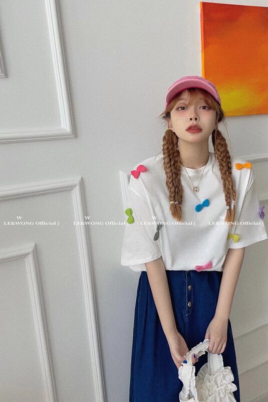 [le & Wong] sweet bow accessories age reducing candy color short sleeve T-shirt 8872# WTT