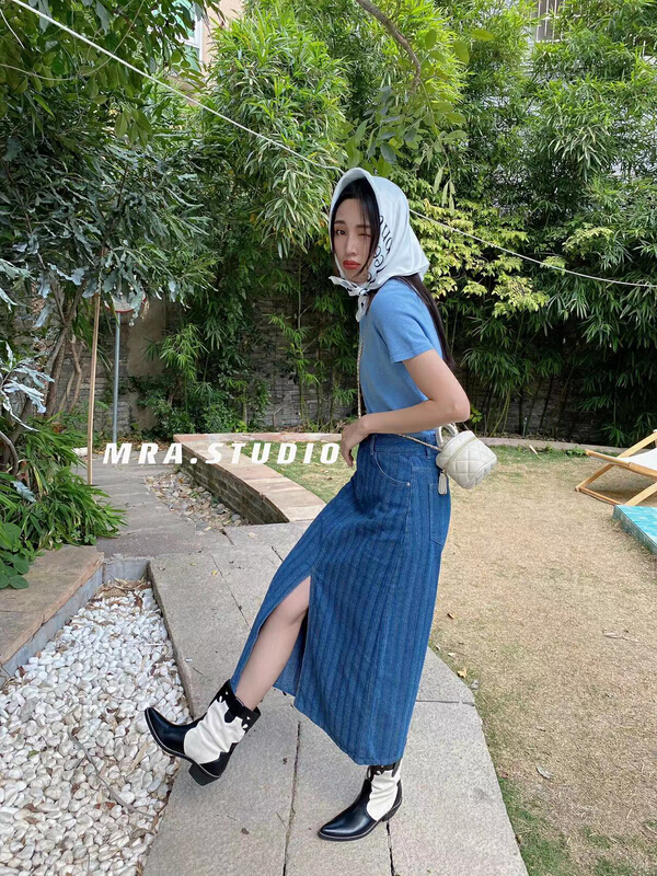 New in early summer! [MRA] Vintage vertical stripe skinny denim skirt m1825# zxl