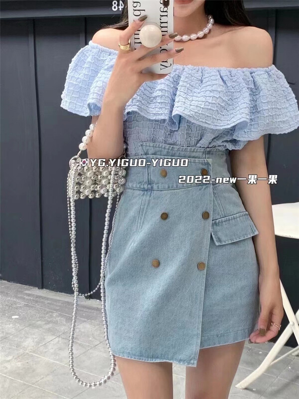 New in early summer! [yiguoyiguo] temperament double breasted short denim skirt 8881# PCZ