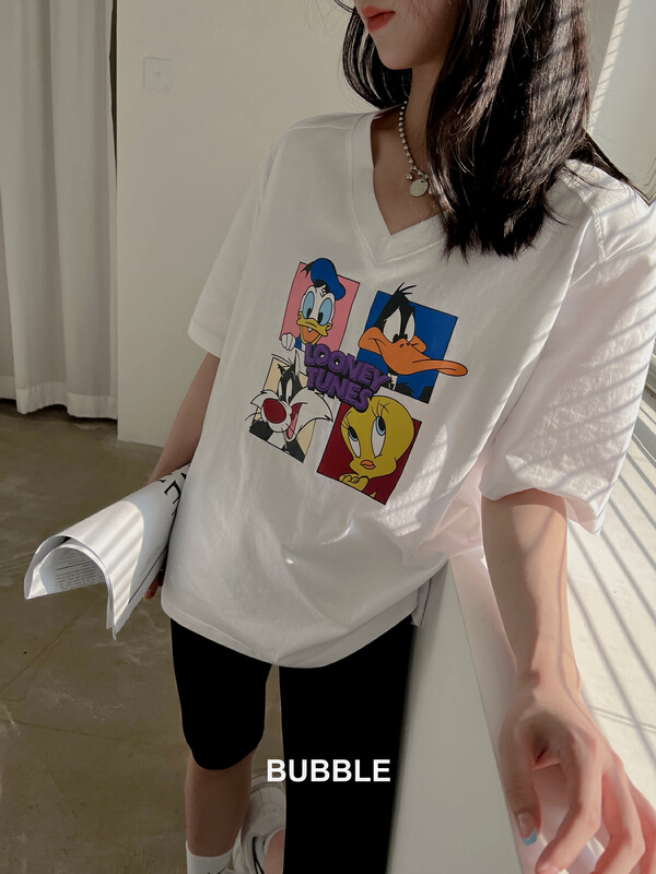 [bubble] shoulder pad cartoon four palace V-neck short sleeve T-shirt 22t101# ozq
