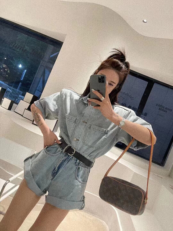 [FF. Studio] Korean thin short sleeved denim jacket + high waist denim shorts two-piece suit (with belt) 7788# ozq
