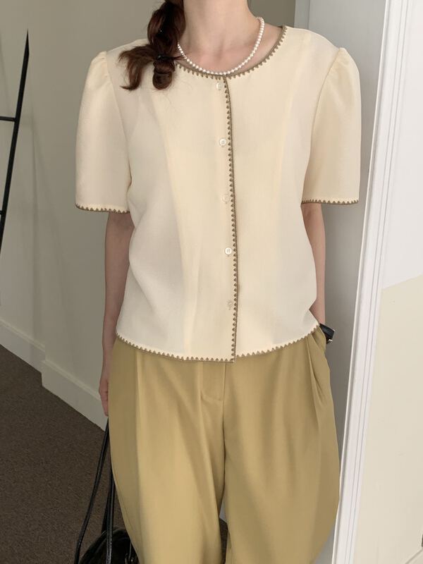 [new post] Korean color contrast edge bubble sleeve button up blouse np6666-c2# cqw