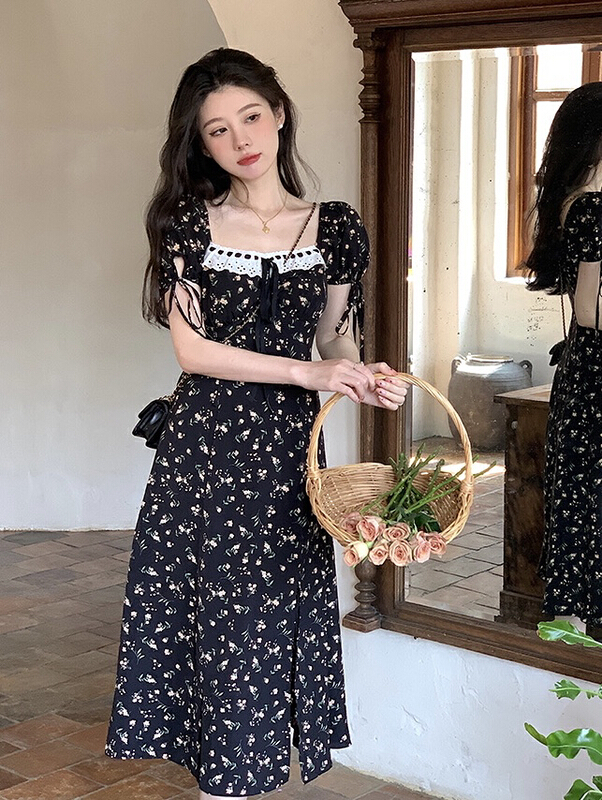 [JH] Lantern Sleeve floral lace up dress 41734# PCZ