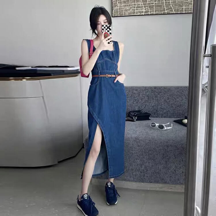 New in early summer! [L.L studio] design sense slit versatile denim skirt (with belt) 7546# PCZ