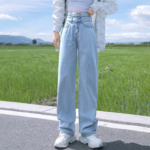 New high waist double button straight jeans for women in autumn 2021