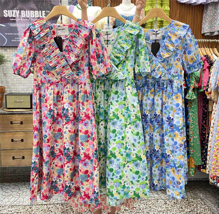 [suzybubble] retro and elegant lotus leaf collar floral dress 3326# WPL