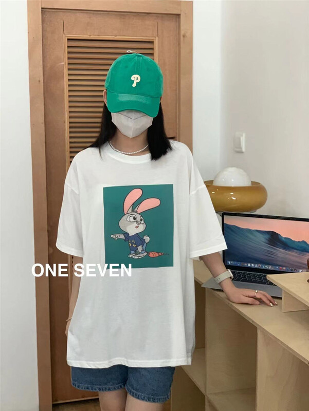 [one seven] Korean cute rabbit print versatile short sleeve T-shirt 5079# XYY