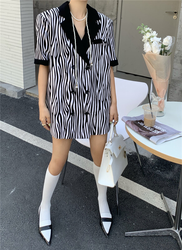[aenna] temperament zebra double breasted suit dress 1308# cqw
