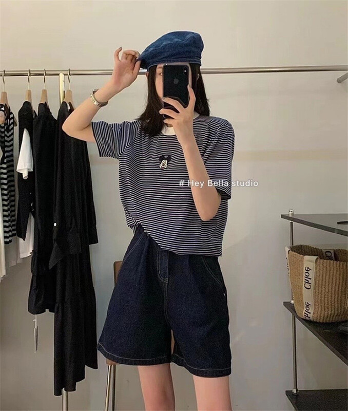 [hey Bella] casual stripe Mickey embroidery short sleeve T-shirt ys1-1568# ll