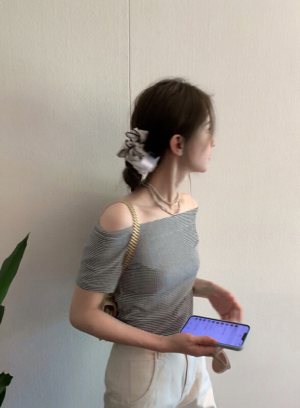 [wgwe] French high-grade small Plaid one shoulder shirt 1658# PCZ