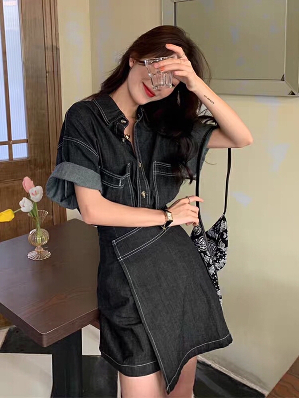 [JH] net red bright line Denim Short Sleeve + slim fashion skirt suit (suit only) 41556# PCZ