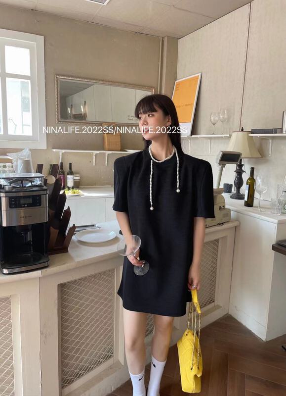 [Nina life] Korean solid color loose foam sleeve dress (with detachable chain) 3973# zxl