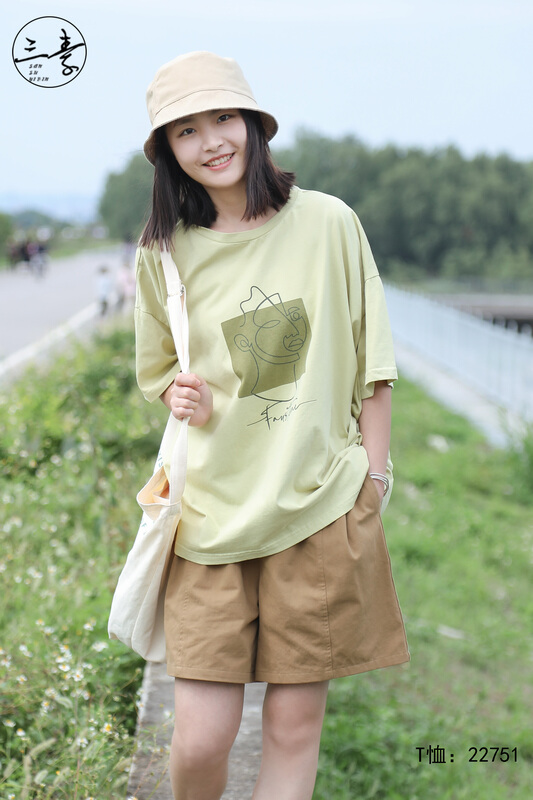 [original of three plain clothes] simple temperament leisure printed short sleeve T-shirt 22751# XYJ