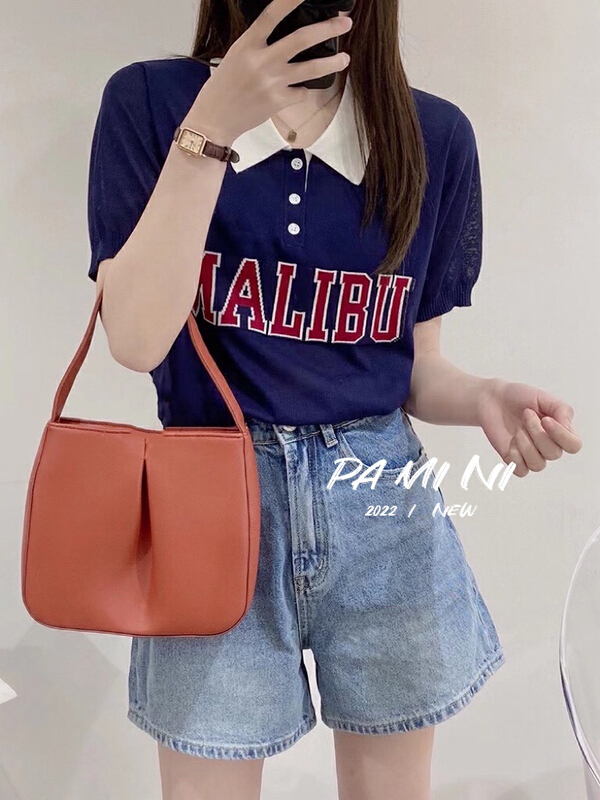[pamini] jacquard color block letter polo collar sweater 22146# Cl