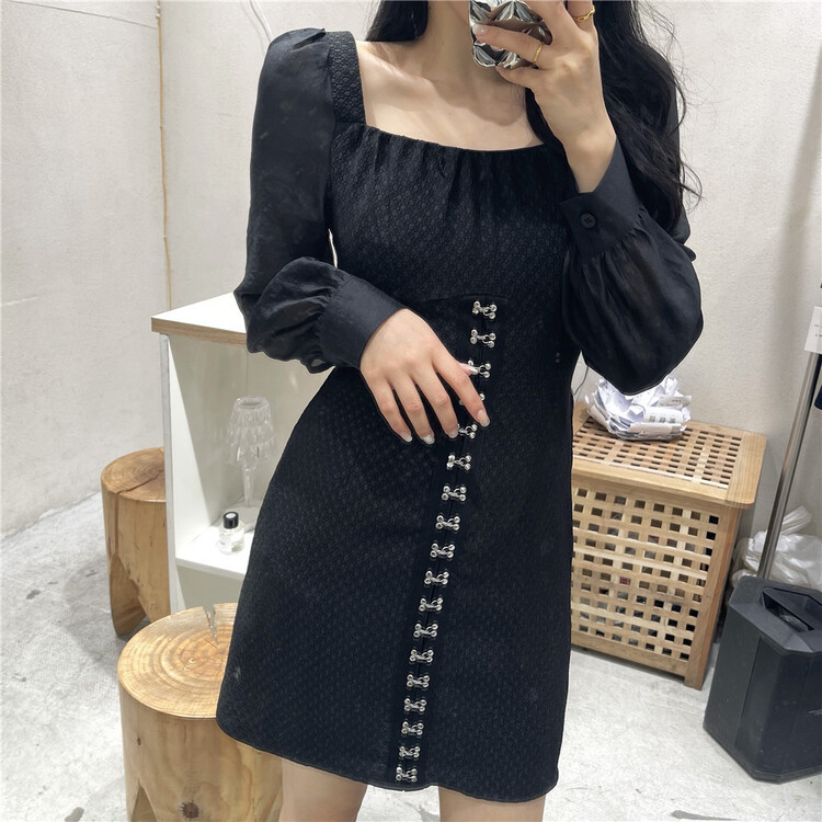 New year in early spring! [NC edition] Korean style square neckline waist closing bubble sleeve dress q9083# zxx