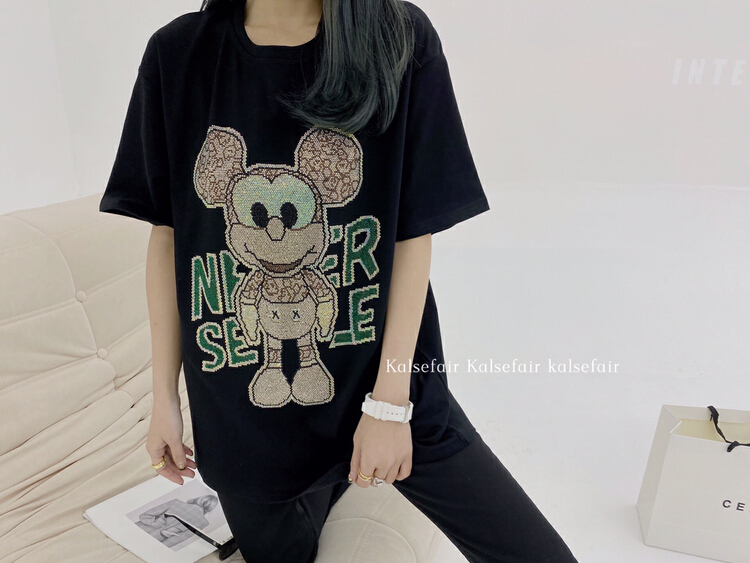 Original price 73.32! New year in early spring! [kazefi] Korean Mickey hot drill short sleeve T-shirt t71-11# ozq
