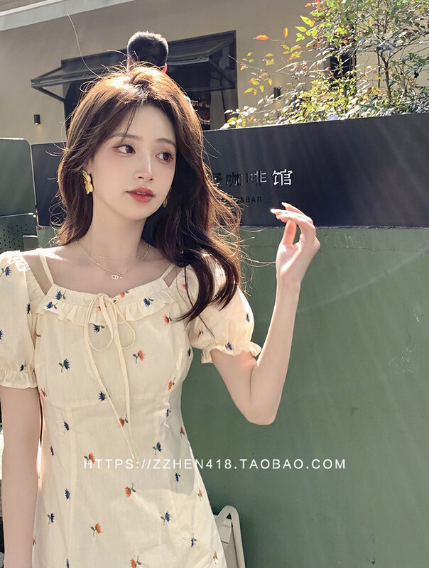 New in early summer! [by] French floral Pleated Dress 0011# Cl