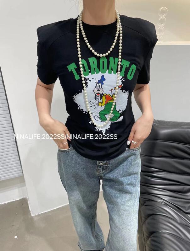 goods in stock! New in early summer! [Nina life] shoulder pad letter thin short sleeve T-shirt 3865-1# zxl