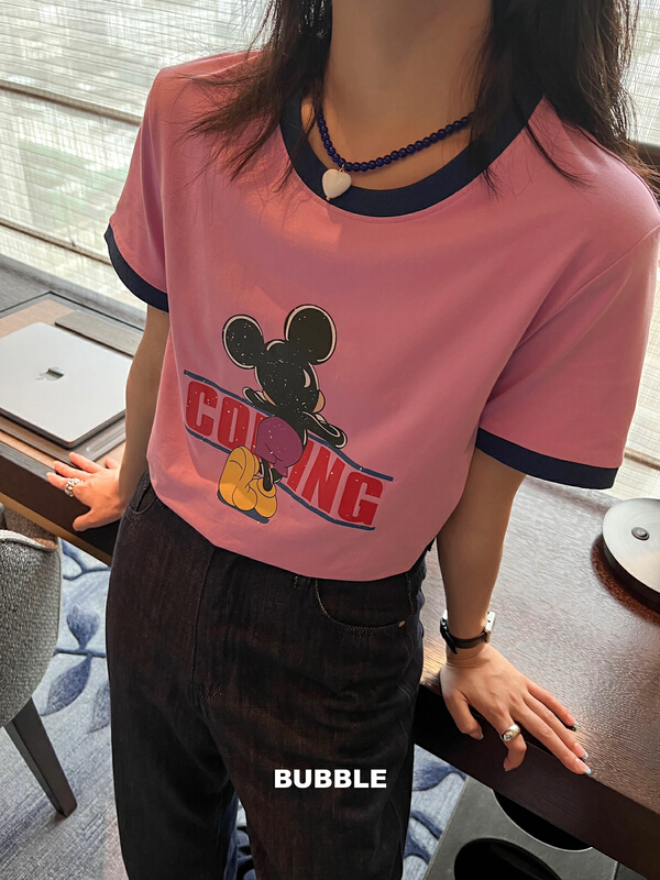 [bubble] cartoon Mickey back print contrast bonded short sleeve T-shirt (T-shirt only) 22t085# ozq