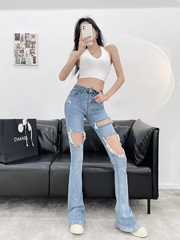 [x2 Fansi feather] high waist slim elastic hole breaking foreign style horseshoe jeans 8197# WTT