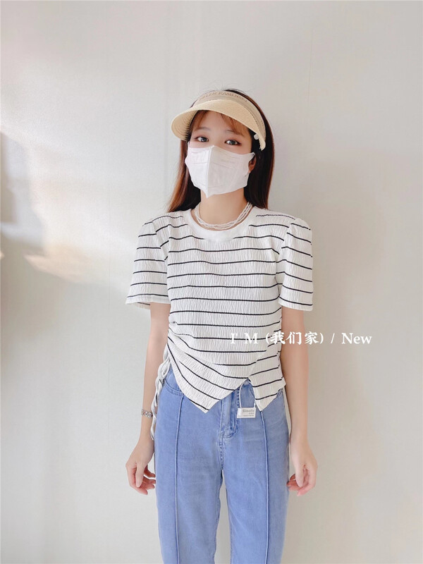 [I'm] Korean color contrast stripe bubble sleeve drawstring blouse 8068# cqw