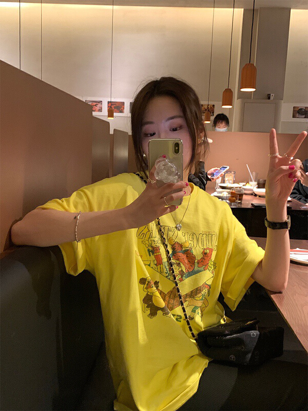 [wgwe] Korean loose cartoon animation printing versatile round neck lazy short sleeve T-shirt 1572# PCZ