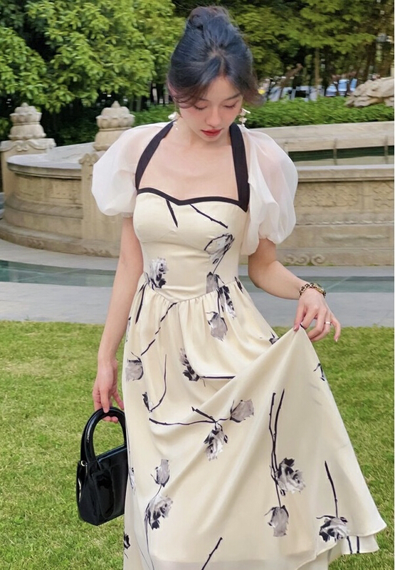 [w design] French retro slim slim backless ink painting dress 20091# WPL