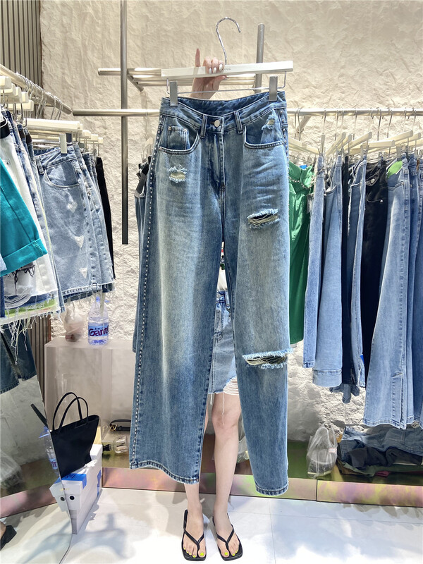 [icciicc] retro trend hole breaking straight tube floor mopping jeans 900332# CLS