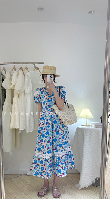 goods in stock! New in early summer! [Lina] oil painting flower high waist V-neck thin bubble sleeve dress 0127# hjy