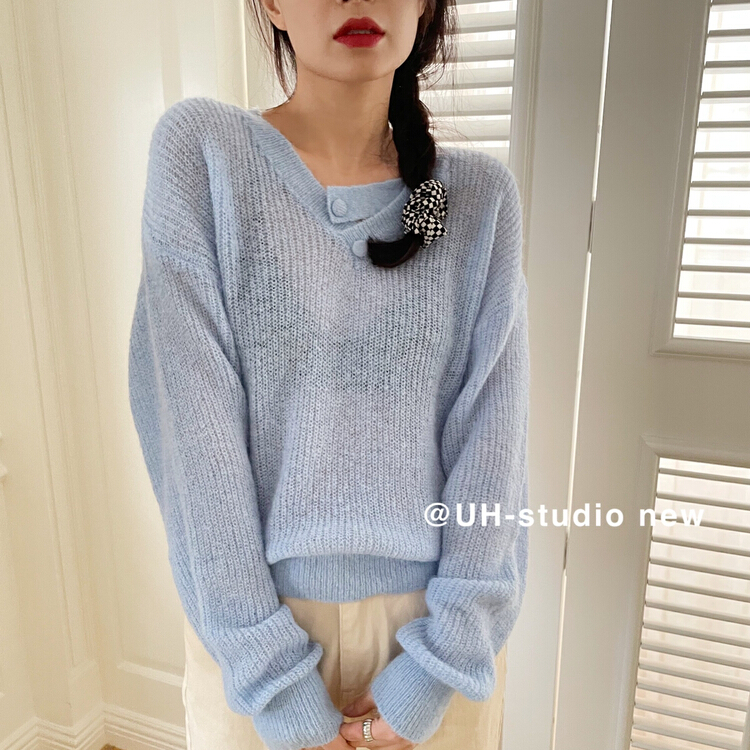 goods in stock! Early spring! [uh] V-neck oblique buckle backed warm sweater 7615# hjy