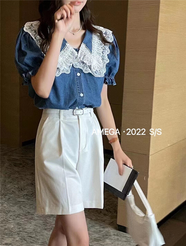[amega] lace stitched large lapel denim shirt (excluding skirt) 6947# HBx