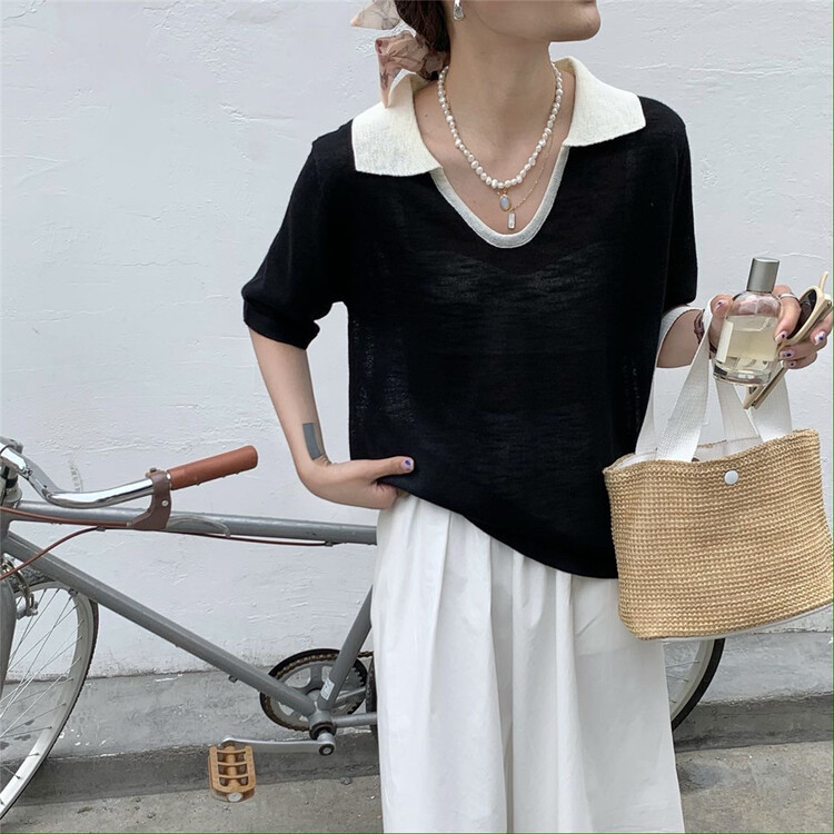 goods in stock! New in early summer! [da. C] simple and loose fashion contrast collar short sleeve T-shirt 69858# CSX