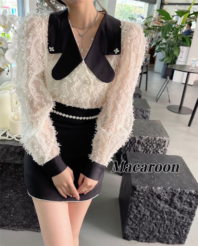 New year in early spring! [macaroon] Korean version color contrast design sense Lapel chiffon blouse 7725# PCZ