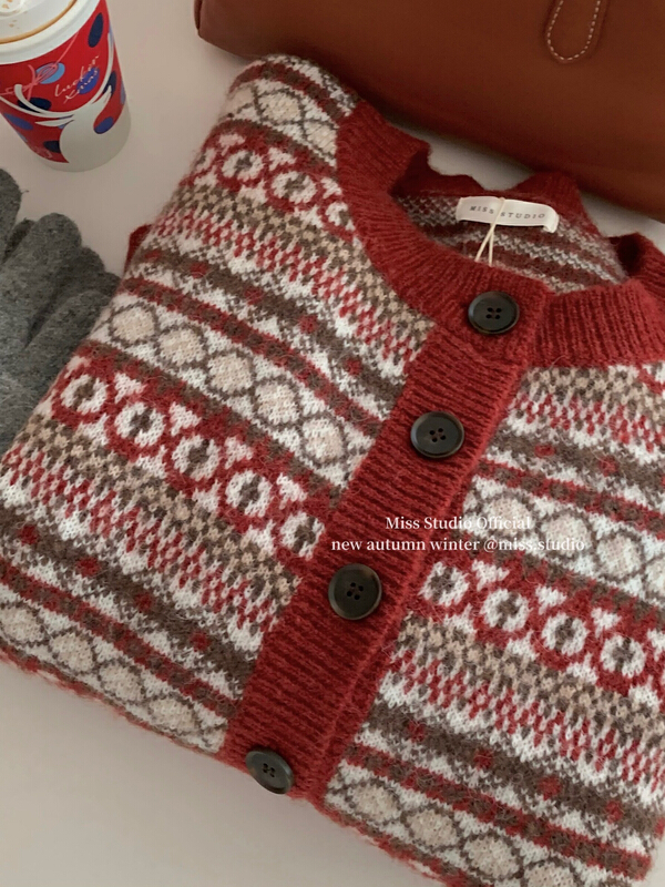 goods in stock! [miss miss home] Korean color blocking Christmas style personalized knitted cardigan 6a003# ZSY