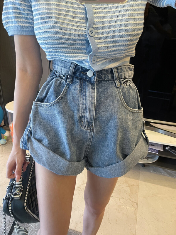 [angelyue] high waist simple and slim fashion denim shorts 7530# LSL