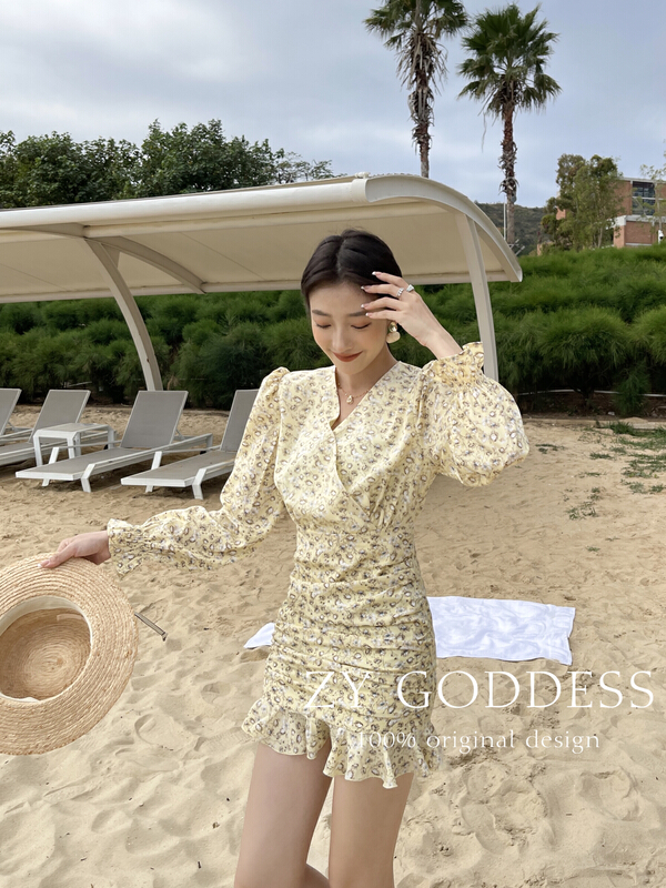 New year in early spring! [ZY] Vintage bubble sleeve V-neck Ruffle hem Hip Wrap waist floral dress 68157# ozq