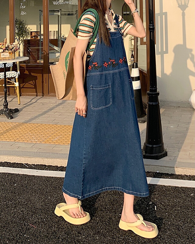 [four seasons] Embroidered Vintage age reducing loose denim dress 8890# LSL