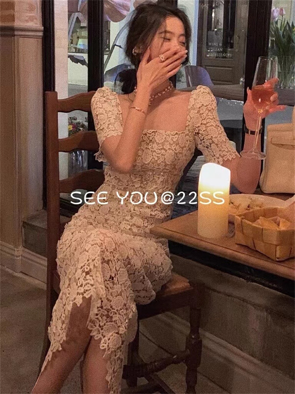 New in early summer! [see you] lace square neck Pleated Dress 3723# PCZ