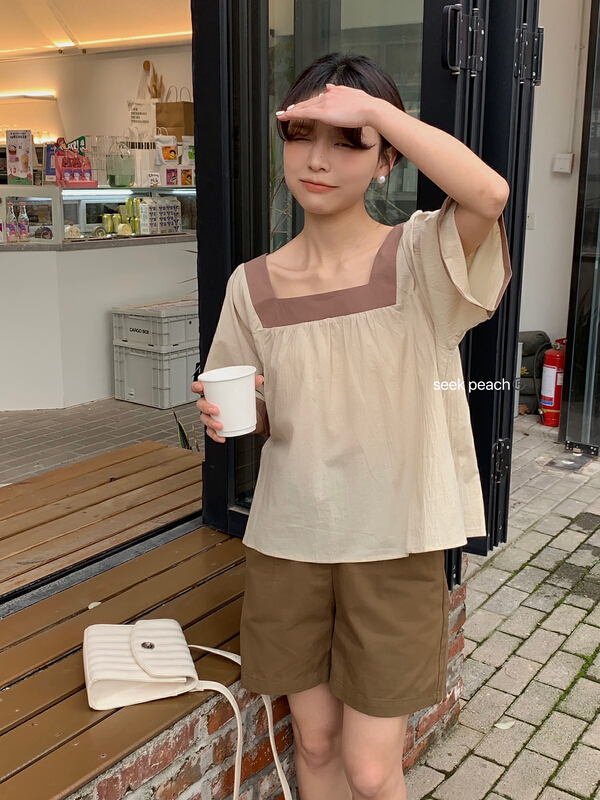 goods in stock! New in early summer! [seek peach] Korean style fashionable square neck temperament small shirt 8850# ll