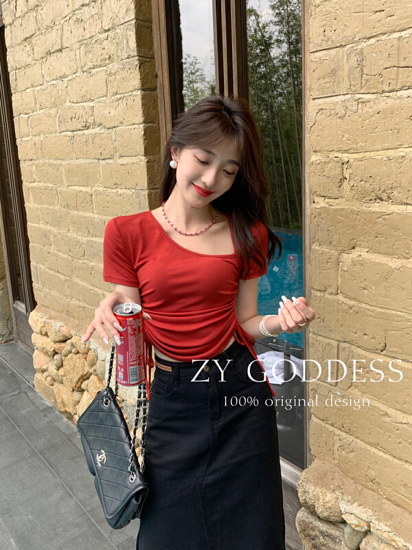 [ZY] Korean version of spice girl careful machine inclined collar exposed collarbone drawstring short sleeve T-shirt 68320# ozq