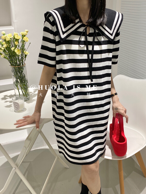 [hot Huola is me] Navy collar stripe lace up dress 7596# cqw