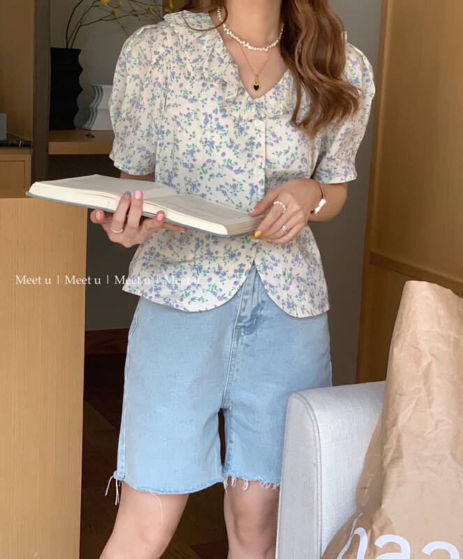 [meetu] Korean style small fresh broken flower shirt 22066# HBx