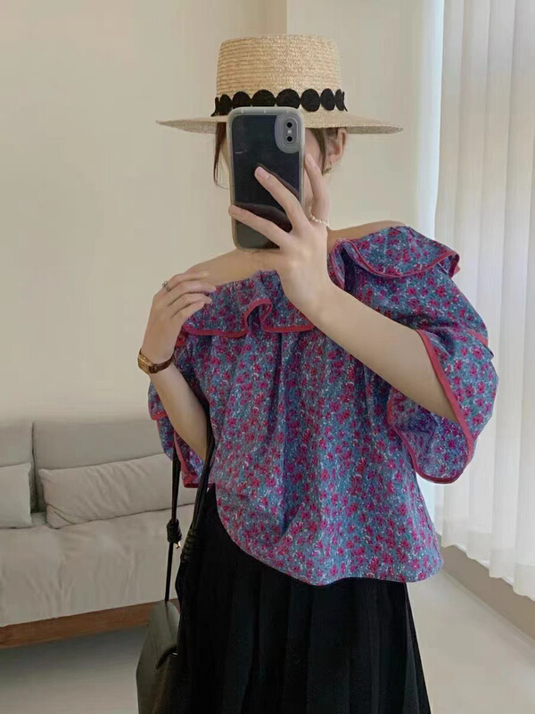 [RS] patchwork Ruffle off shoulder shirt rs1669\xyy