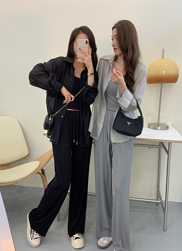 New year in early spring! [victory. 2] versatile sleeveless vest + long sleeved sunscreen + casual Wide Leg Pants Set b61# jhy